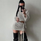 Fashion Knit Long Sleeve Short Tops Two Piece Skirts Set XEF-35248