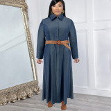 Fashion Denim Lapel Long Sleeve Long Dress(With Waist Belt) GDAM-218321