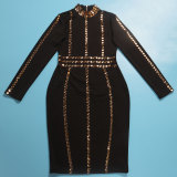 Plus Size Slim Hot Drilling Long Sleeve Bodycon Dress NY-2867
