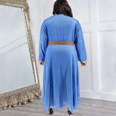 Fashion Denim Lapel Long Sleeve Long Dress(With Waist Belt) GDAM-218321