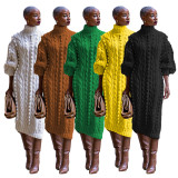 Plus Size Casual High Collar Split Knits Sweater Long Dress TR-1229