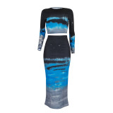 Fashion Print Long Sleeve Tops And Long Skirt 2 Piece Set FENF-289