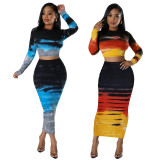 Fashion Print Long Sleeve Tops And Long Skirt 2 Piece Set FENF-289