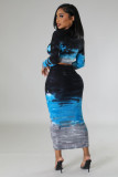Fashion Print Long Sleeve Tops And Long Skirt 2 Piece Set FENF-289