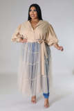 Plus Size Solid Bubble Sleeve Mesh Patchwork Maxi Dress OSM-4501