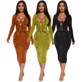 Tie Up Ruffles Long Sleeve Tops And Skirt Two Piece Set ME-8460