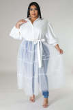 Plus Size Solid Bubble Sleeve Mesh Patchwork Maxi Dress OSM-4501