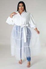 Plus Size Solid Bubble Sleeve Mesh Patchwork Maxi Dress OSM-4501