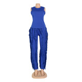 Solid Color Sleeveless Tops And Tassel Pants 2 Piece Set AIL-AL220