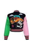 Plus Size Print Rib Color Blocking Baseball Jacket OM-1709