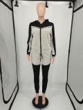 Plus Size Sports Patchwork Zipper Hooded Coat And Pants Set YIM-YM225
