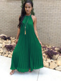 Fashion Solid Color Sling Pleated Maxi Dress LS-0110