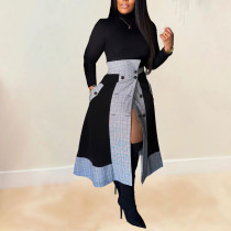 Plus Size Fashion Plaid Patchwork Split Long Skirt Two Piece Set  NY-10608