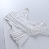 Knitted White One Shoulder Long Sleeve Bodysuit FL-SY21306