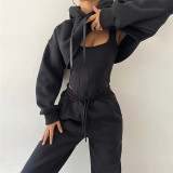 Solid Hooded Coats+Tank Tops+Pants Two Piece Set XEF-36896