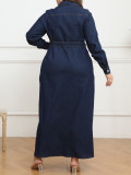 Plus Size Fashion Lapel Big Swing Denim Maxi Dress(With Waist Belt) GDAM-218319