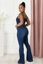 Plus Size Single Breasted Denim Wide Leg Strap Jumpsuit LX-6048