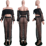 Hollow Out Mesh Tassel See Through Two Piece Set ONY-3554