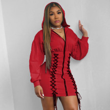 Long Sleeve Zipper Hooded Bandage Dress XHAF-10160