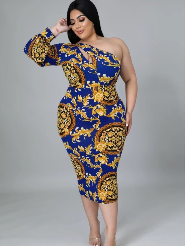 Plus Size Single Shoulder Long Sleeve Midi Dress OM-1721