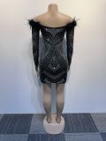 Hot Drill Feather Patchwork One Shoulder Mini Dress NY-2887