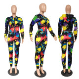 Colorful Print Long Sleeve Zipper Hooded Two Piece Pants Set YIM-035