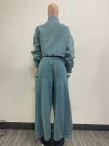 Vintage Zipper And Wide Leg Pants Denim 2 Piece Set  YMEF-51015