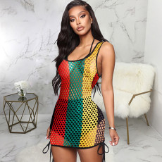 Colorful Mesh Hole Beach Mini Dress TE-4280