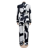 Printed Tie Up Blazer Long Sleeve Pants Two Piece Set BY-6707