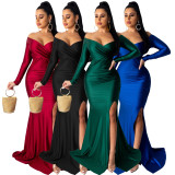 Solid Color V Neck Split Maxi Dress AIL-AL143