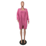 Solid Color Knit Mini Dress And Long Cardigan 2 Piece Set CQ-213