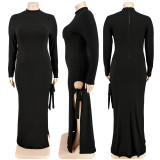 Plus Size Long Sleeve Solid Color Tie Up Maxi Dress GDAM-218253