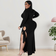 Plus Size Long Sleeve Solid Color Tie Up Maxi Dress GDAM-218253