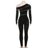 Sexy Hollow Out Knit Tight Long Sleeve Jumpsuit XEF-38029