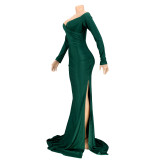 Solid Color V Neck Split Maxi Dress AIL-AL143