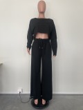 Solid Color Long Sleeve Crop Tops And Loose Pant 2 Piece Set OLYF-6111