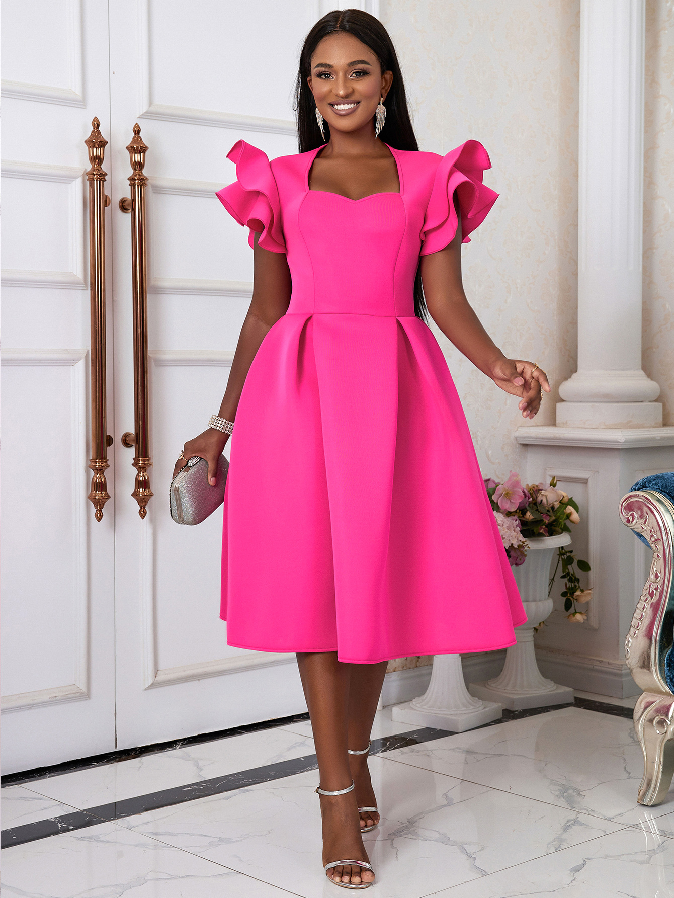 Dear-Fashion | Plus Size Ruffled Sleeve Pleated Midi Dress GKEN ...