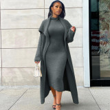 Plus Size Solid Padded Coat And Midi Dress 2 Piece Set(With Waist Belt)  XHSY-BT19484