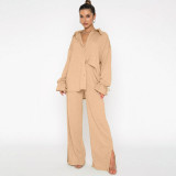 Lapel Single-breasted Tie Up Two Piece Pants Set SSNF-220813