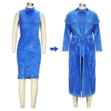 Plus Size Solid Padded Coat And Midi Dress 2 Piece Set(With Waist Belt)  XHSY-BT19484