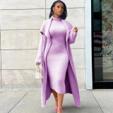 Plus Size Solid Padded Coat And Midi Dress 2 Piece Set(With Waist Belt)  XHSY-BT19484