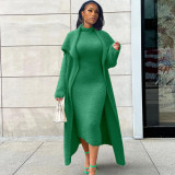 Plus Size Solid Padded Coat And Midi Dress 2 Piece Set(With Waist Belt)  XHSY-BT19484