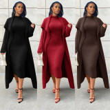 Plus Size Solid Padded Coat And Midi Dress 2 Piece Set(With Waist Belt)  XHSY-BT19484