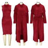 Plus Size Solid Padded Coat And Midi Dress 2 Piece Set(With Waist Belt)  XHSY-BT19484