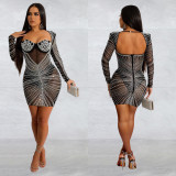 Mesh Hot Drill Long Sleeve Mini Dress BY-6700