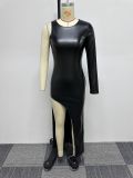 Plus Size Skinny Split Single Sleeve PU Leather Dress NY-2928
