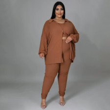 Plus Size Solid Color Long Sleeve Three Piece Pants Set NNWF-7966