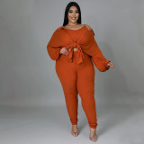 Plus Size Solid Color Long Sleeve Three Piece Pants Set NNWF-7966