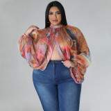 Plus Size Print Tie Up Chiffon Tops NNWF-N7848