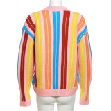 Contrast Color Knit Stripe Long Sleeve Loose Coat XEF-36216
